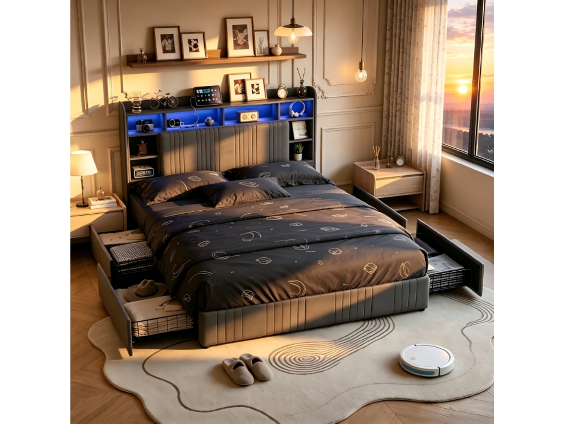 Cama Con Espacio De Almacenamiento 140 X 200-cama De Matrimonio Con Led-para 2 Adultos-toma Usb/tipo C Multifunción-cama Tapizada En Lino-mdf