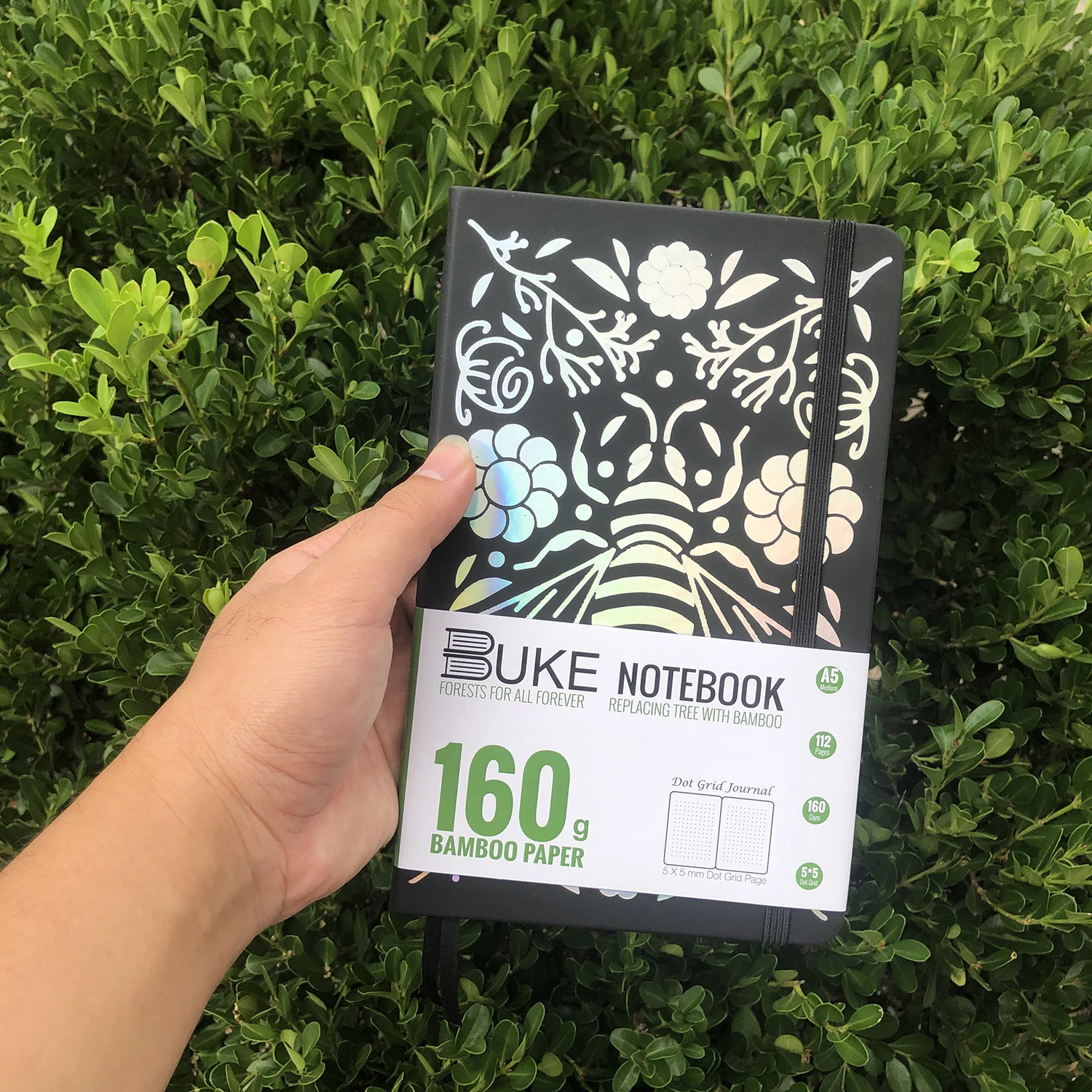 Cuaderno, papel grueso de celulosa de bambú blanco, 160 g/m², 112 páginas, matriz de puntos de 5 x 5 mm. Mdug (negro)