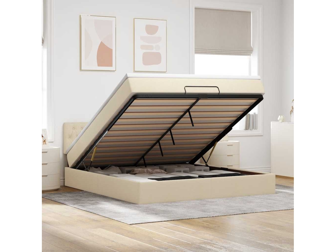 Estructura De Cama Otomana Con Colchón Tela Crema 160x200cm