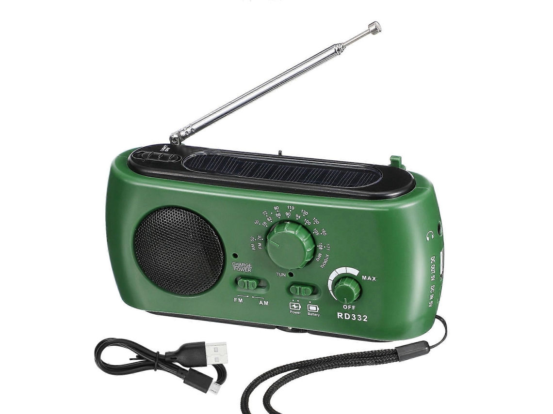 -Una radio portátil con funcionamiento mediante manivela, luz LED y capacidad de carga de dispositivos.