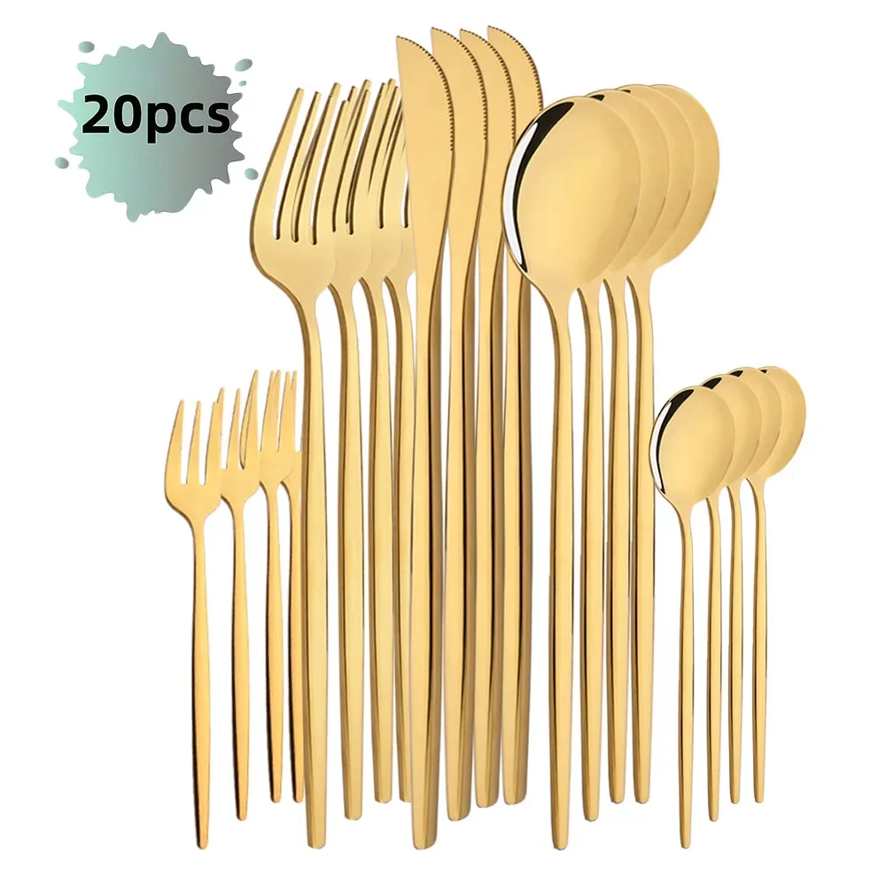 (oro, Juego De 20 Piezas) Cubiertos De Acero Inoxidable, Pulidos A Espejo, Perfectos Para El Hogar, Restaurantes Y Bodas.