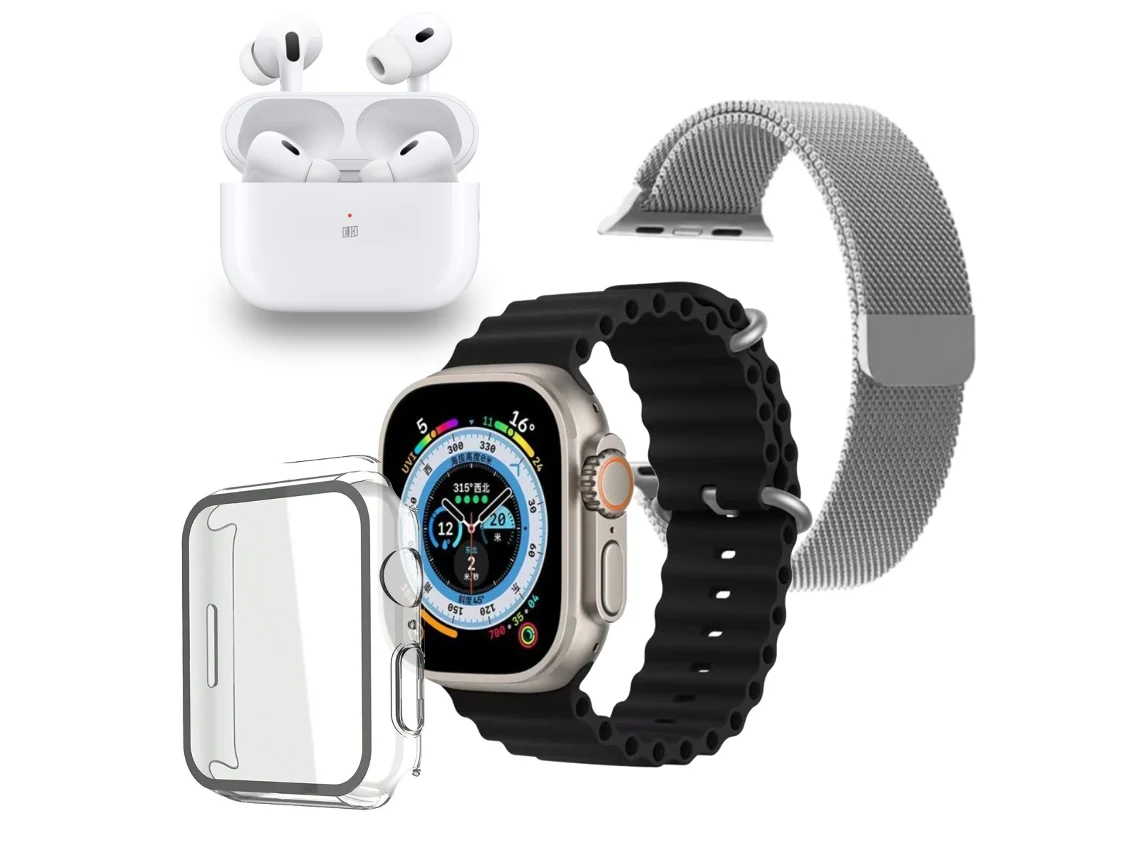 Smartwatch y Auriculares Bluetooth Pack KLACK Ultra 9.0 con Auriculares PRO, Correa metálica extra y carcasa protectora - Negro