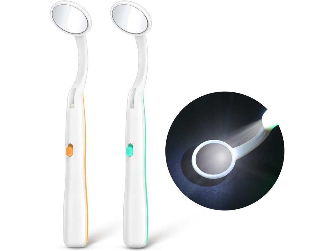 Espejo dental 2026 con luz, 2 unidades. Espejo bucal con LED, batería incluida. Colores: verde y naranja.