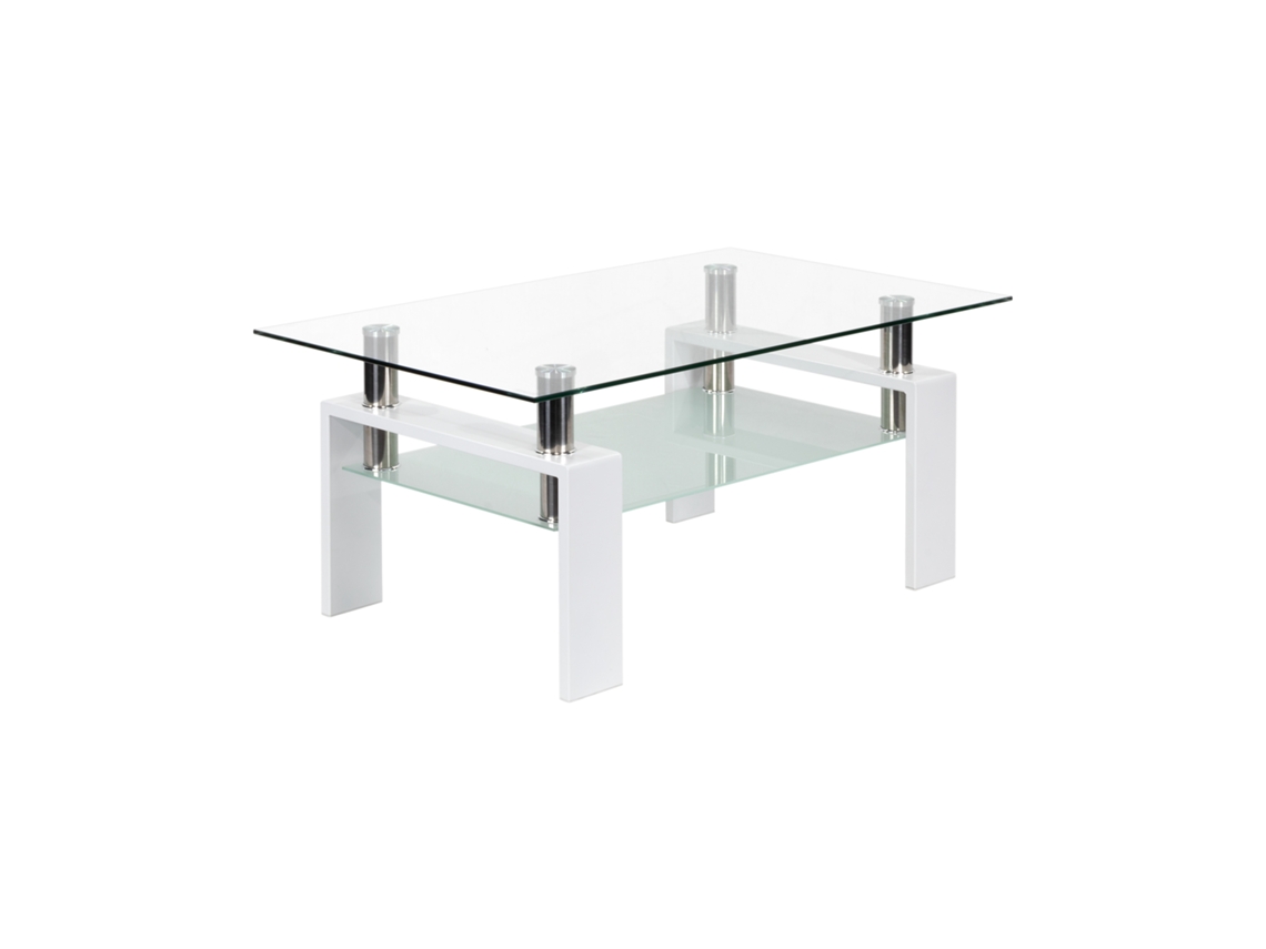 Mog Casa Mesa De Centro Moderna Porter Con Tapa De Vidrio Transparente Y Base De Metal Blanco | 100x60 Cm