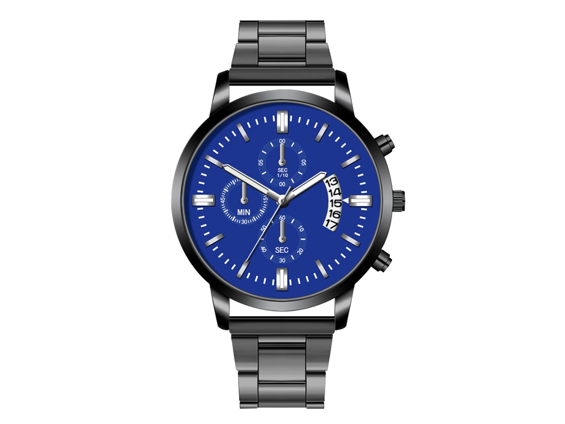Reloj De Cuarzo Para Hombre Con Calendario, Brazalete De Acero, Esfera Redonda, Negro Y Azul.