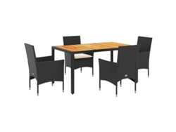 Juego de 5 juegos de comedor de jardín con cojines de mimbre, acacia negra/petite, EXCLUSIVO DE LA CASA
