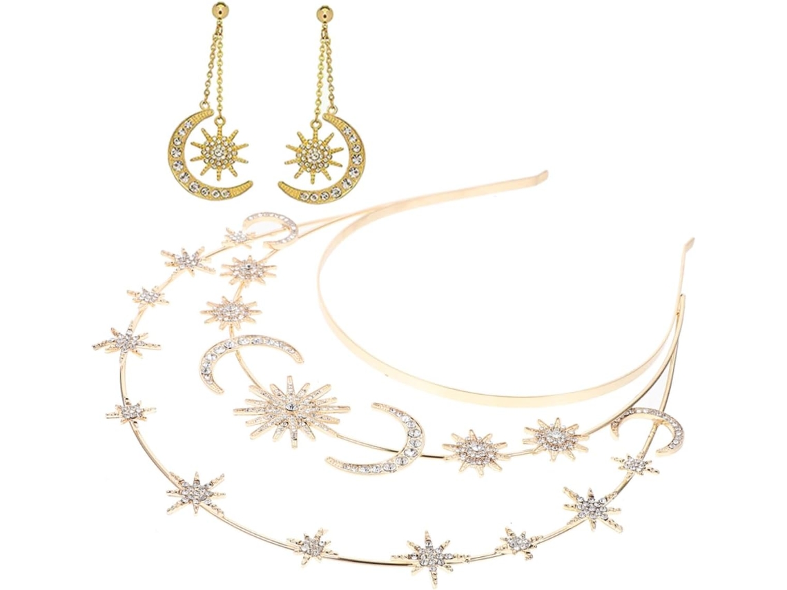 Cuelloronne Étoile Y Lune Dorée Bijoux Mariage Bandeau Déesse Cheveux Y Boucles Oreilles Élégantes...