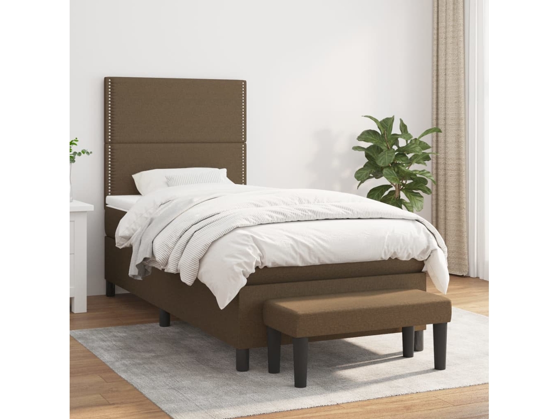 Cama Box Spring Con Colchón Tela Marrón Oscuro 100x200 Cm