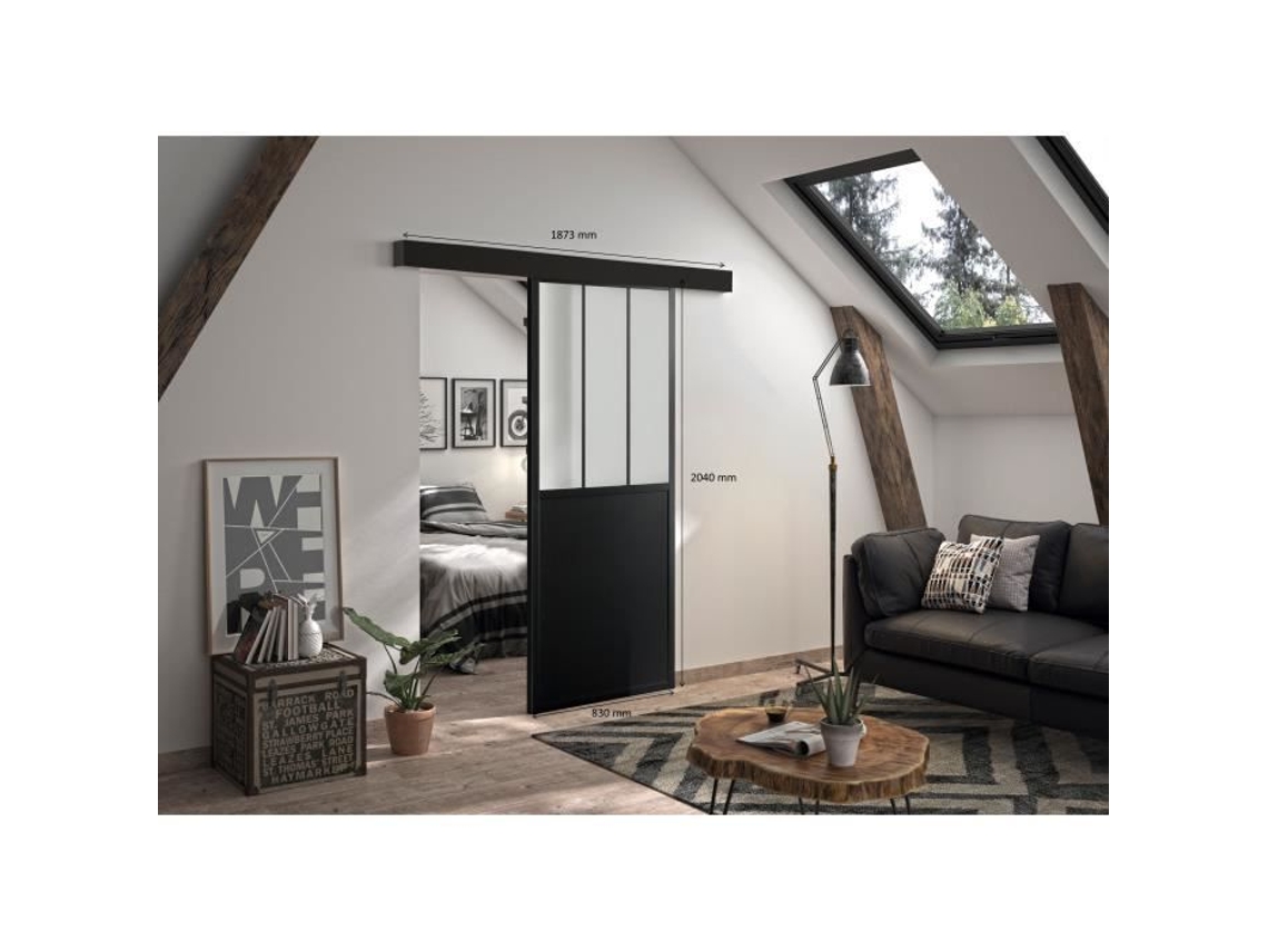 Kit de puerta corredera Optimum Atelier Rail (alto 204 x ancho 83 x fondo 4 cm) con vidrio esmerilado negro