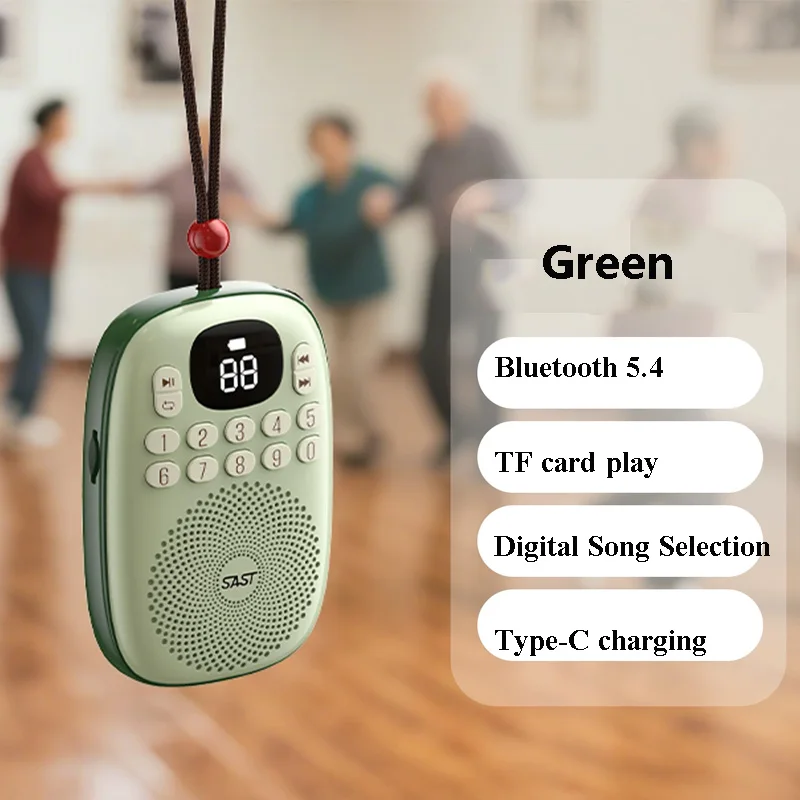 Mini radio FM (verde), pantalla LED, recargable, Bluetooth 5.4, tarjeta TF, función de memoria tras apagado.