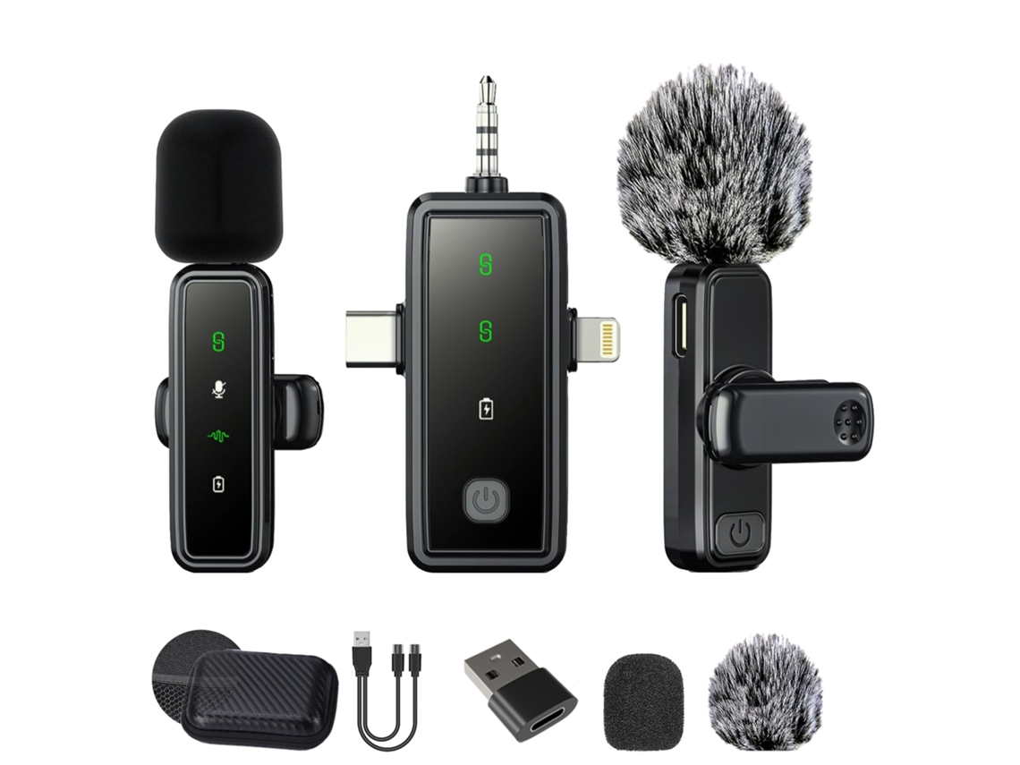 Micrófonos de solapa inalámbricos Eifson J82, micrófono dual 3 en 1 con adaptador y bolsa de almacenamiento