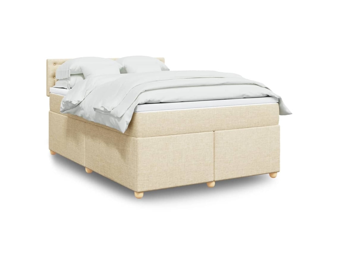 Cama Box Spring Con Colchón Tela Color Crema 140x200 Cm