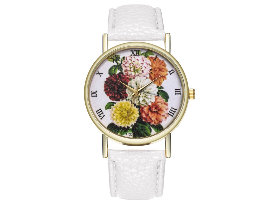 Reloj De Pulsera Analógico De Cuarzo Para Mujer Con Correa De Piel Sintética Blanca Con Estampado Floral.