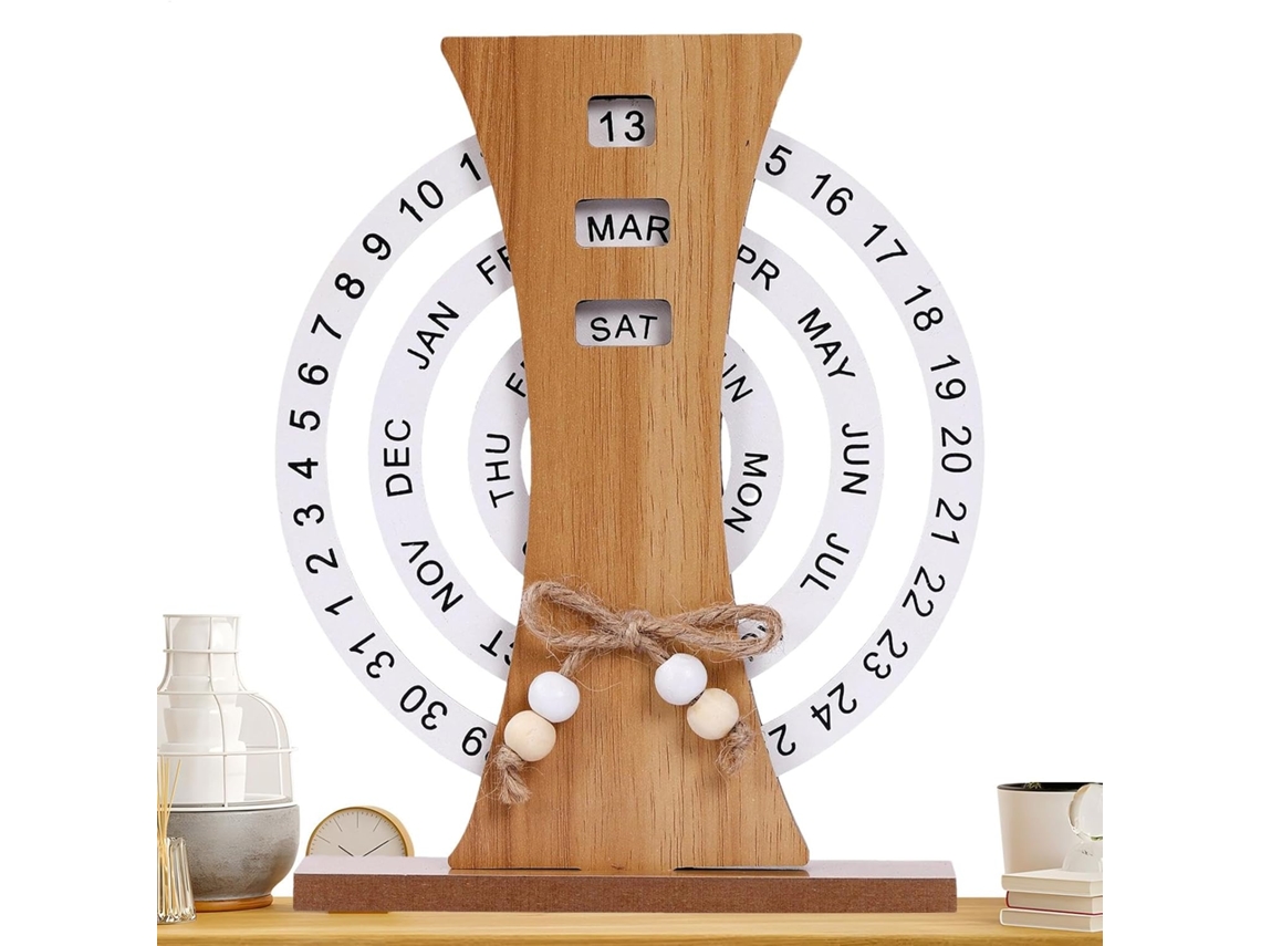 Calendario de escritorio de madera, giratorio manualmente con diseño rústico retro para exhibición.