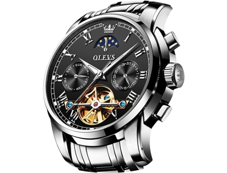 VEANXIN Reloj mecánico automático para Hombre Fase Lunar Hueco Acero Inoxidable 3AT Luminoso Reloj Impermeable para Hombre(negro)