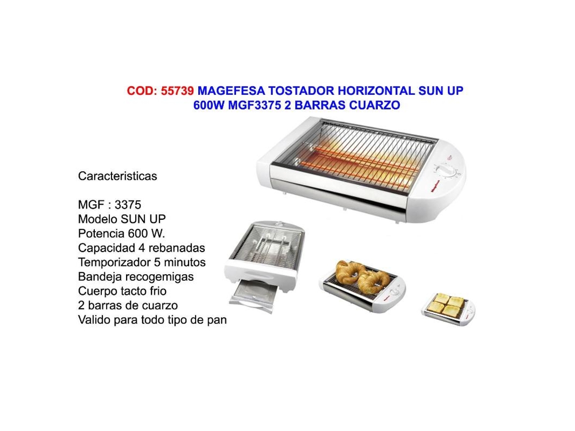Magefesa tostador horizontal sun up 600w mgf3375 2 barras cuarzo