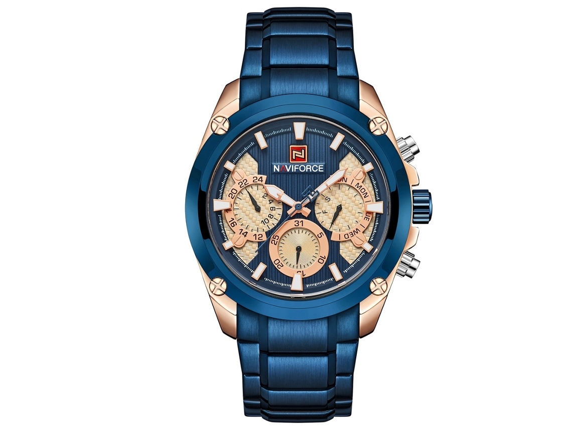 Reloj De Pulsera Naviforce Para Hombre, Acero, Resistente Al Agua Hasta 30 M, Cuarzo, Oro Rosa + Azul
