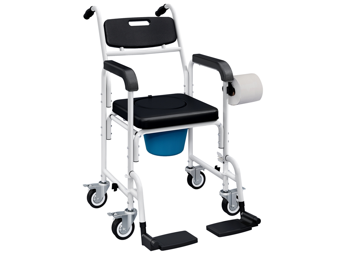 Silla de baño para adultos con ruedas, inodoro con ducha, reposapiés, respaldo y reposabrazos, 53x97x97cm, negra