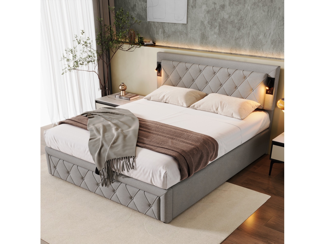 Cama Tapizada De 160x200 Cm, Led, Usb, Diamante, Hidráulica, Gris.