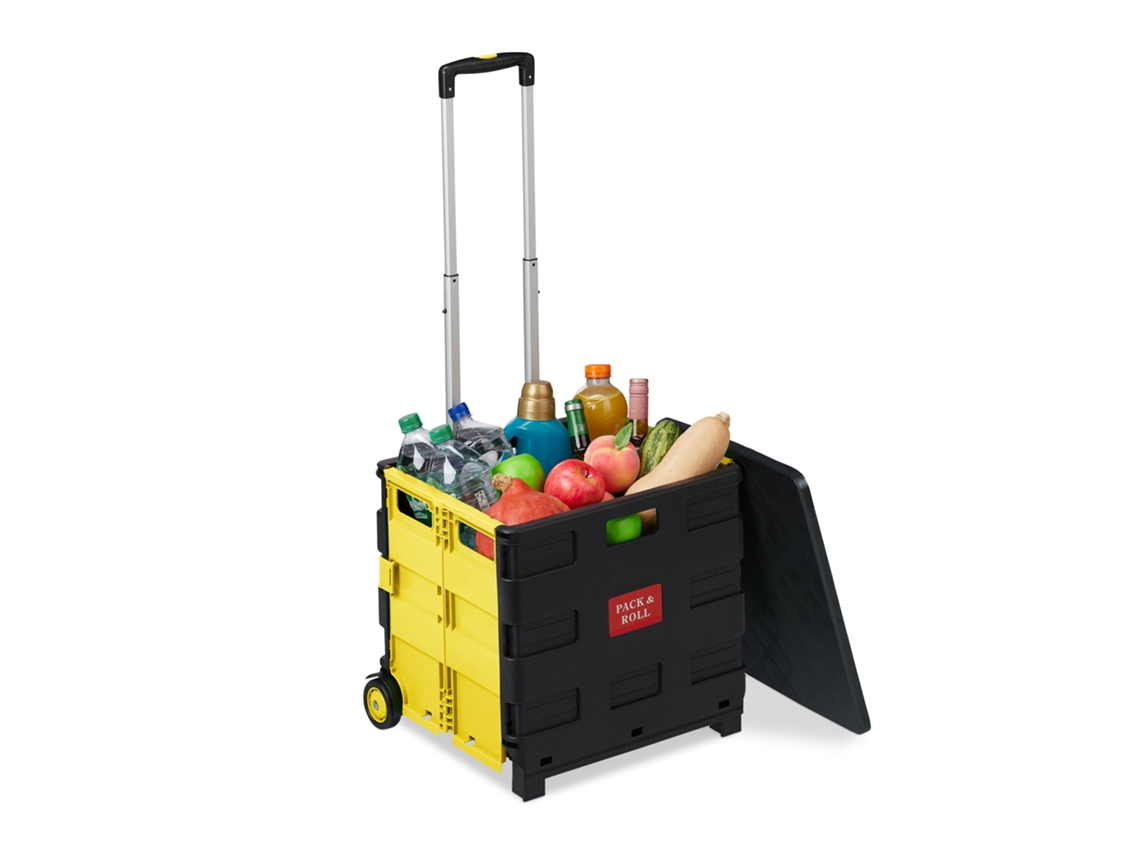 Relaxdays Carro De Compra Plegable, Para 35 Kg, 50 Litros, Asa Telescópica, Carrito Transporte, 2 Ruedas, Amarillo/negro
