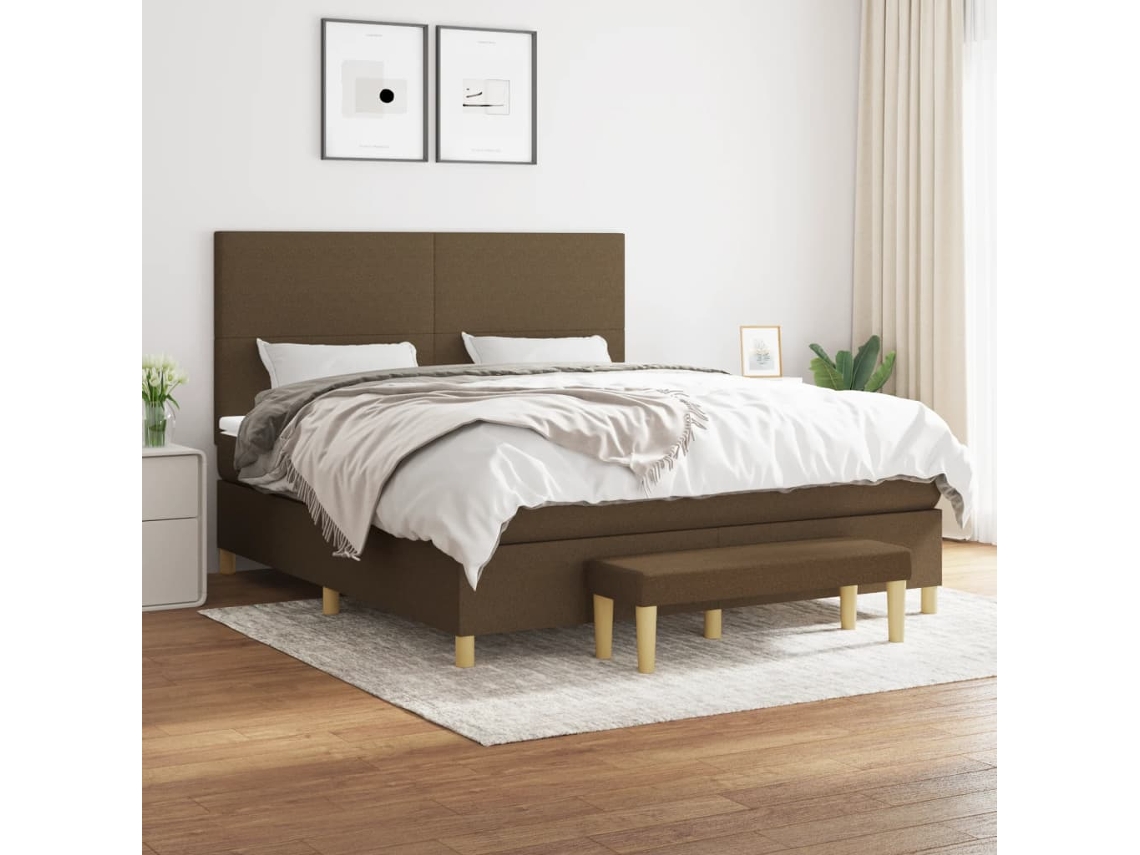 Cama Box Spring Con Colchón Tela Marrón Oscuro 160x200 Cm