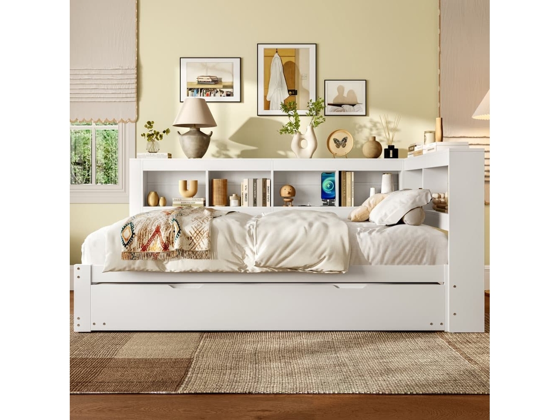 Sofá Cama + 140x200 Cm - Cama Extensible Con Enchufe Y 2 Puertos Usb - Blanc