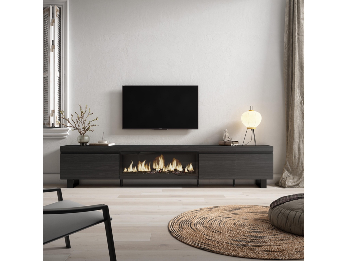 Mueble TV, Televisión, 288x57x35 cm, Para TV gran formato, Chimenea eléctrica XXL, Diseño industrial, Negro SKRAUT HOME