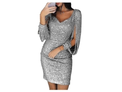 Vestido De Lentejuelas Mujer Com Colarinho V Profundo, Mangas Largas Com Franjinhas, Curto Acima Do Joelho, Brilhante E Sexy Plessilver