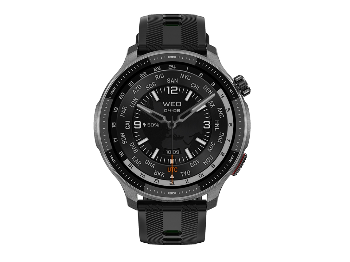 Reloj inteligente DTG6 con pantalla AMOLED de 1,43'', batería de 500 mAh, llamadas Bluetooth, GPS, brújula, música y vídeo local, resistencia al agua de 3 ATM (negro)