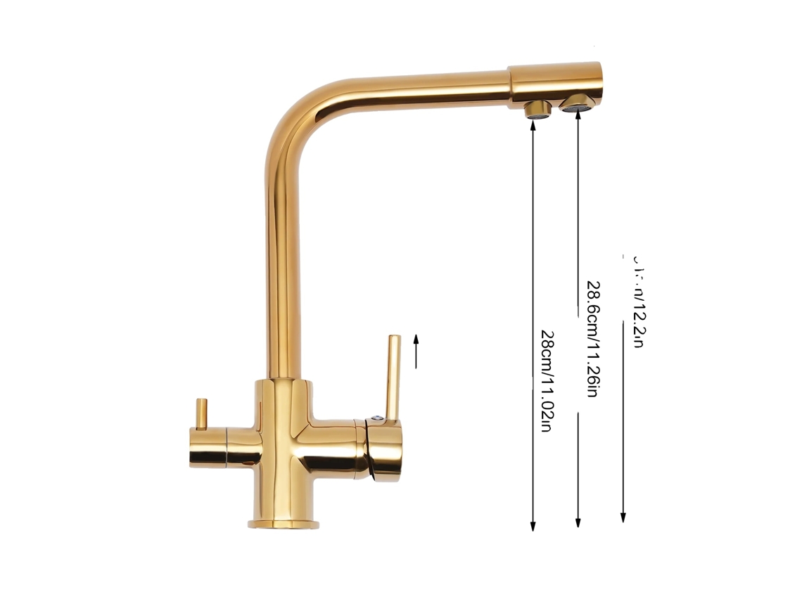 Grifo de cocina de 3 vías, latón y acero inoxidable, rotación de 360 grados, doble manija, dorado OEM