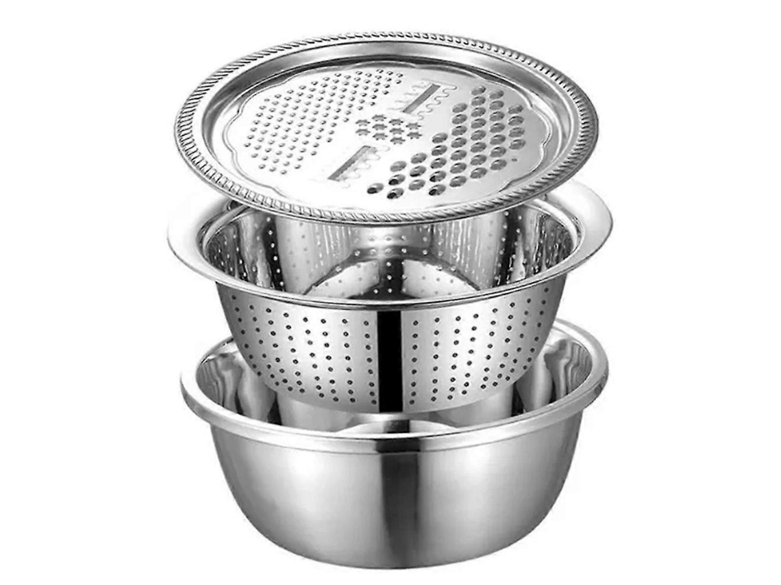 Juego de rallador de cocina multifuncional con escurridor de acero inoxidable, ideal para preparar queso, verduras, frutas y ensaladas.
