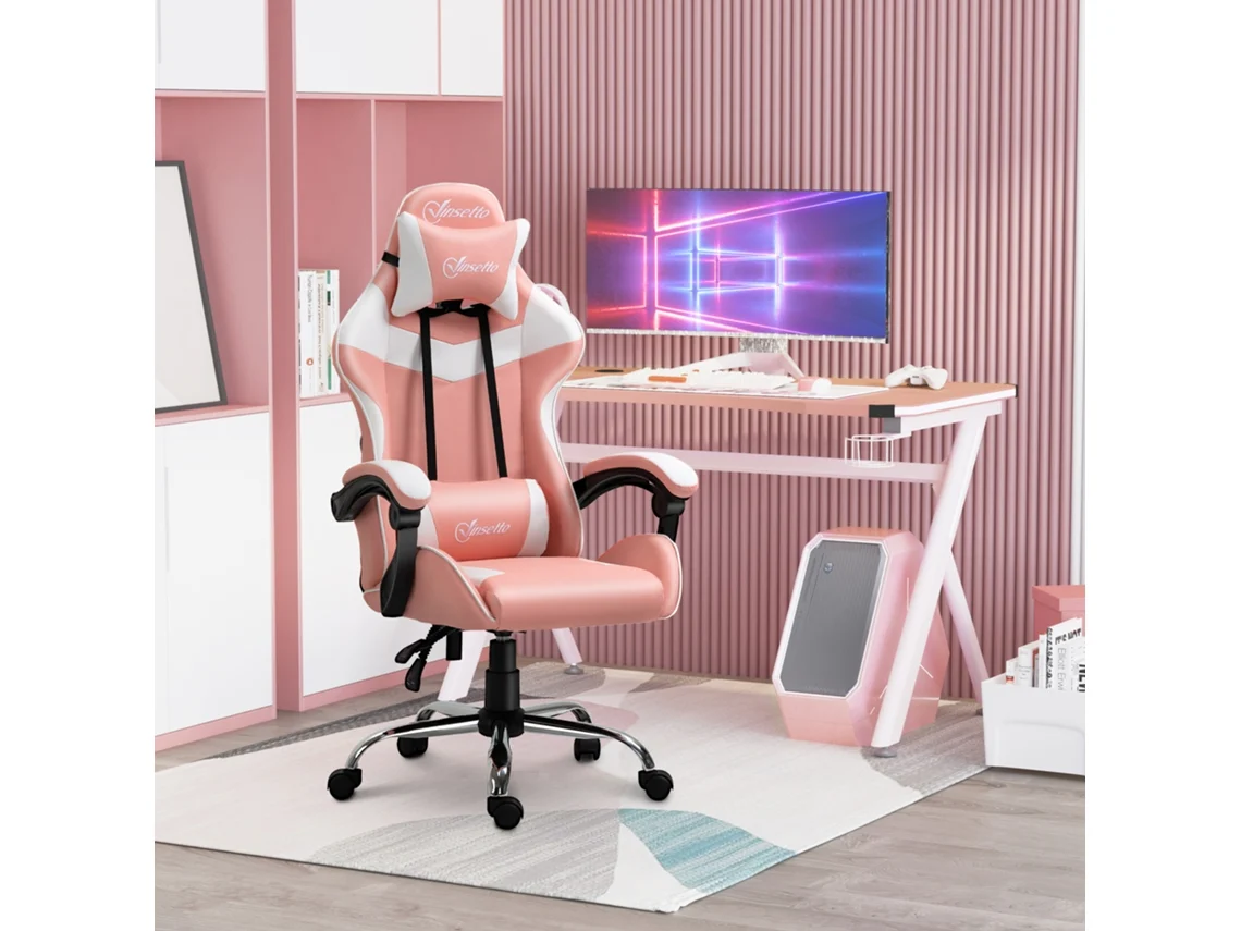 Cadeira Gaming Ergonômica Cadeira Para Videojogos Reclinável Com Altura Ajustável Apoio Para A Cabeça E Almofada Lombar 63x67x122-130cm Rosa E Branco