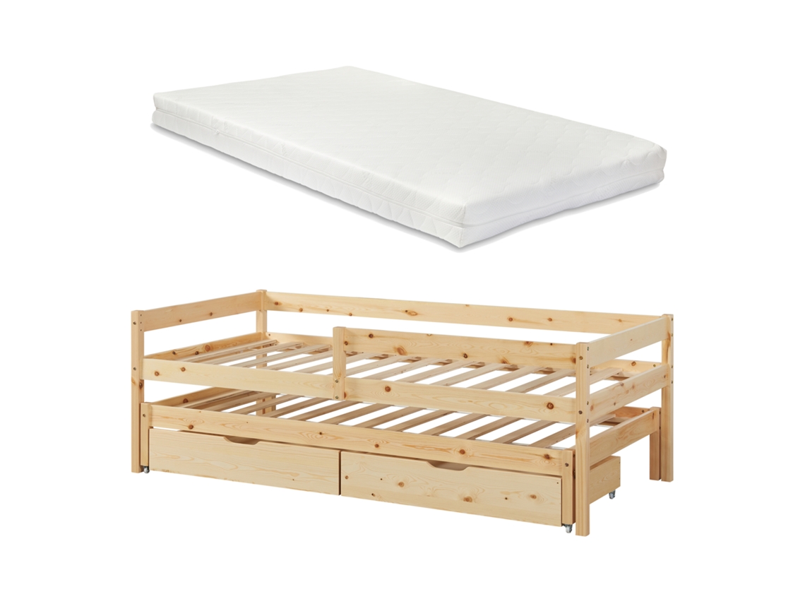 Cama de rodízio para crianças Sonkajärvi com 2 gavetas 1 colchão 90x200cm - Madeira [EN.CASA]