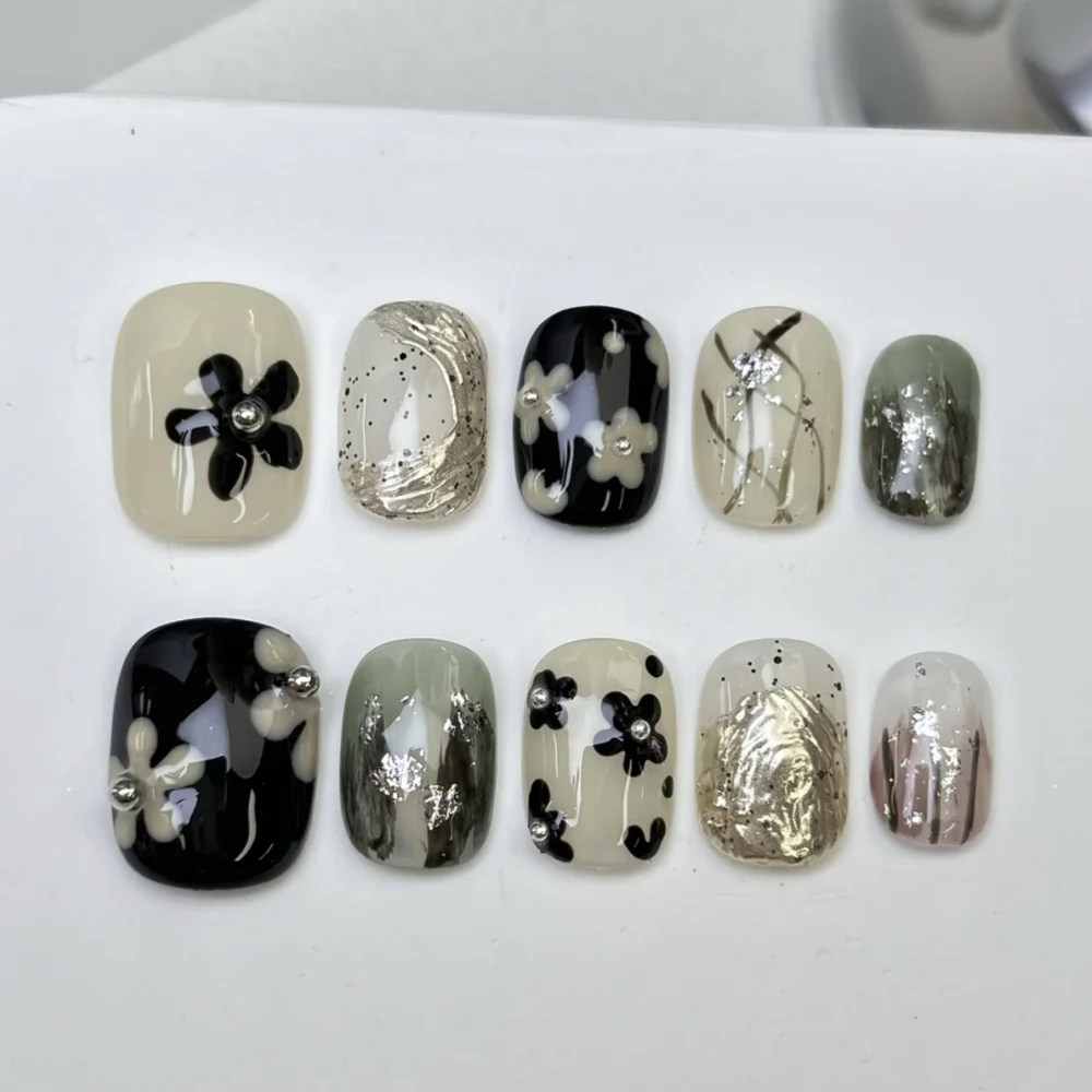 (a18-l) Paquete De 10 Uñas Postizas Cortas Hechas A Mano, Cobertura Completa Estilo Ojo De Gato.