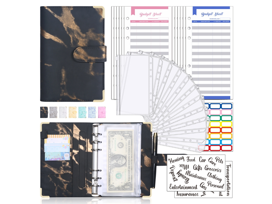 Cuaderno Siurn A6 de hojas sueltas de cuero sintético con sobres para presupuestos de efectivo, color negro