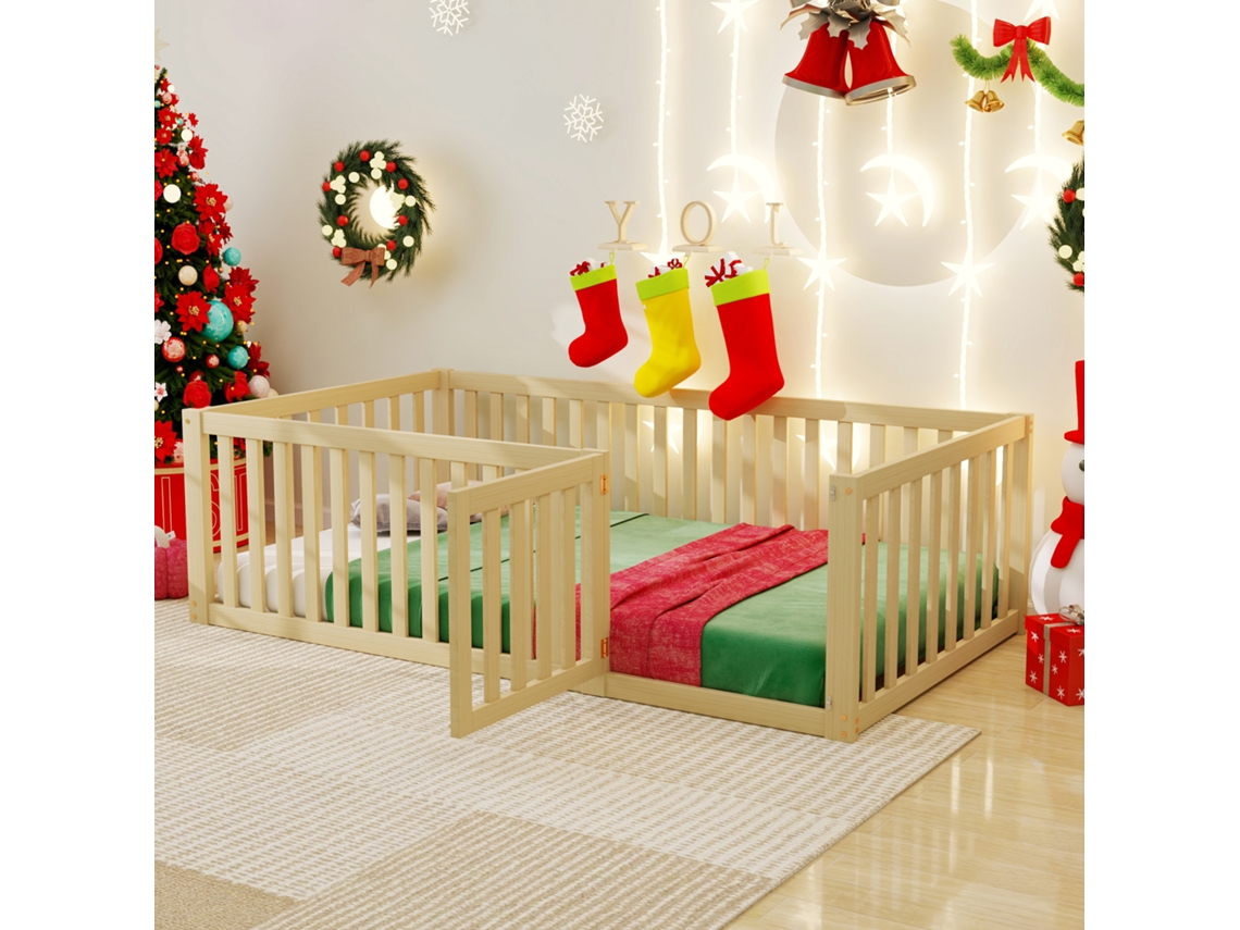 Cama infantil de 90 x 200 cm, base de madera, estructura con barandilla y puerta. Tienda Bga