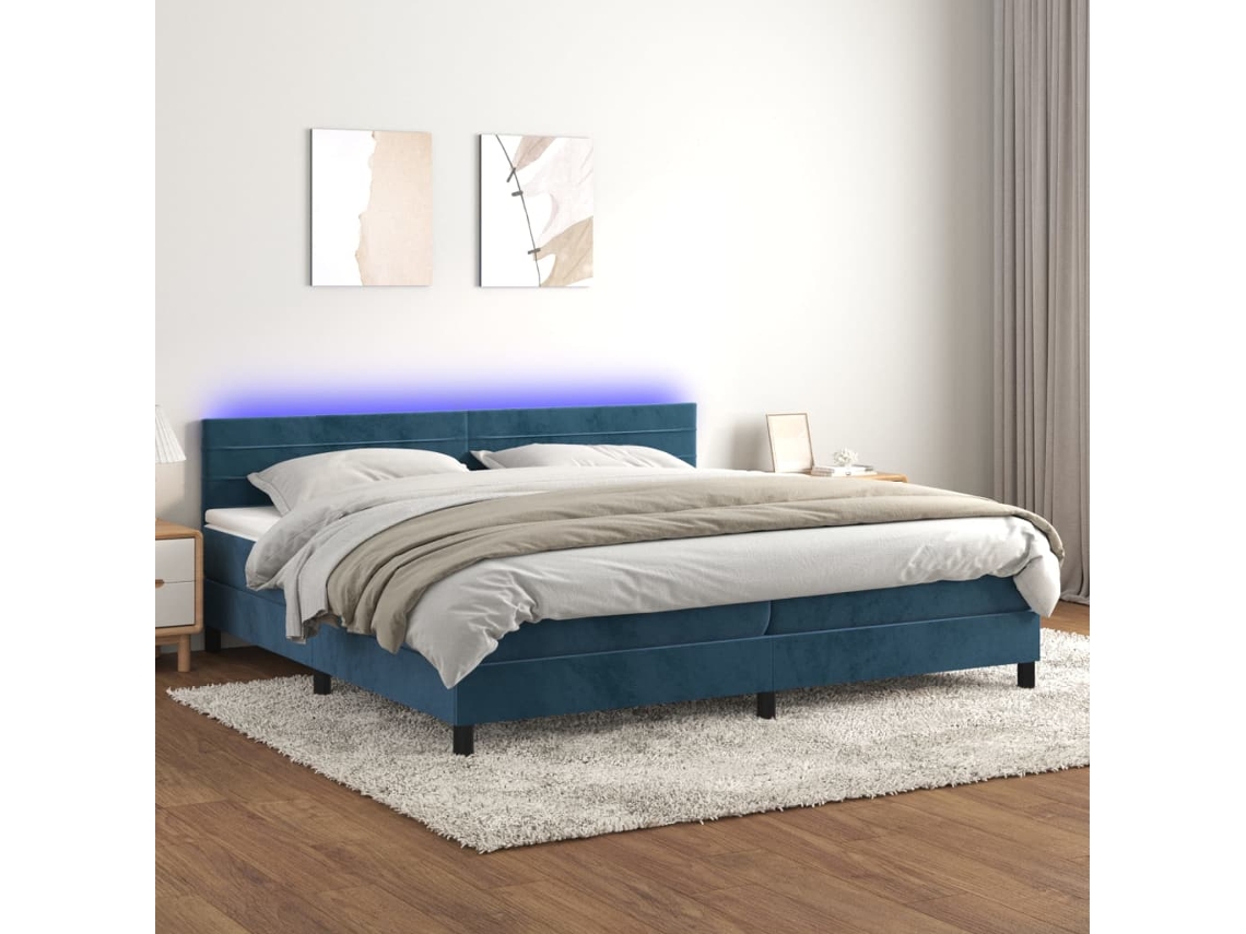 Cama Box Spring Colchón Y Led Terciopelo Azul Oscuro 200x200 Cm
