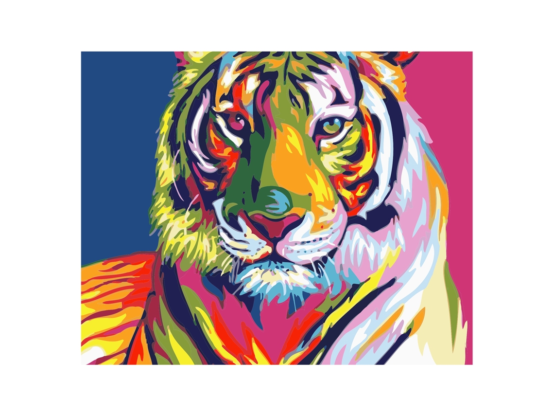 Tela con diseño para pintar por números, 40 x 50 cm. Estampado de tigre multicolor. Incluye pinzas y las pinturas necesarias.