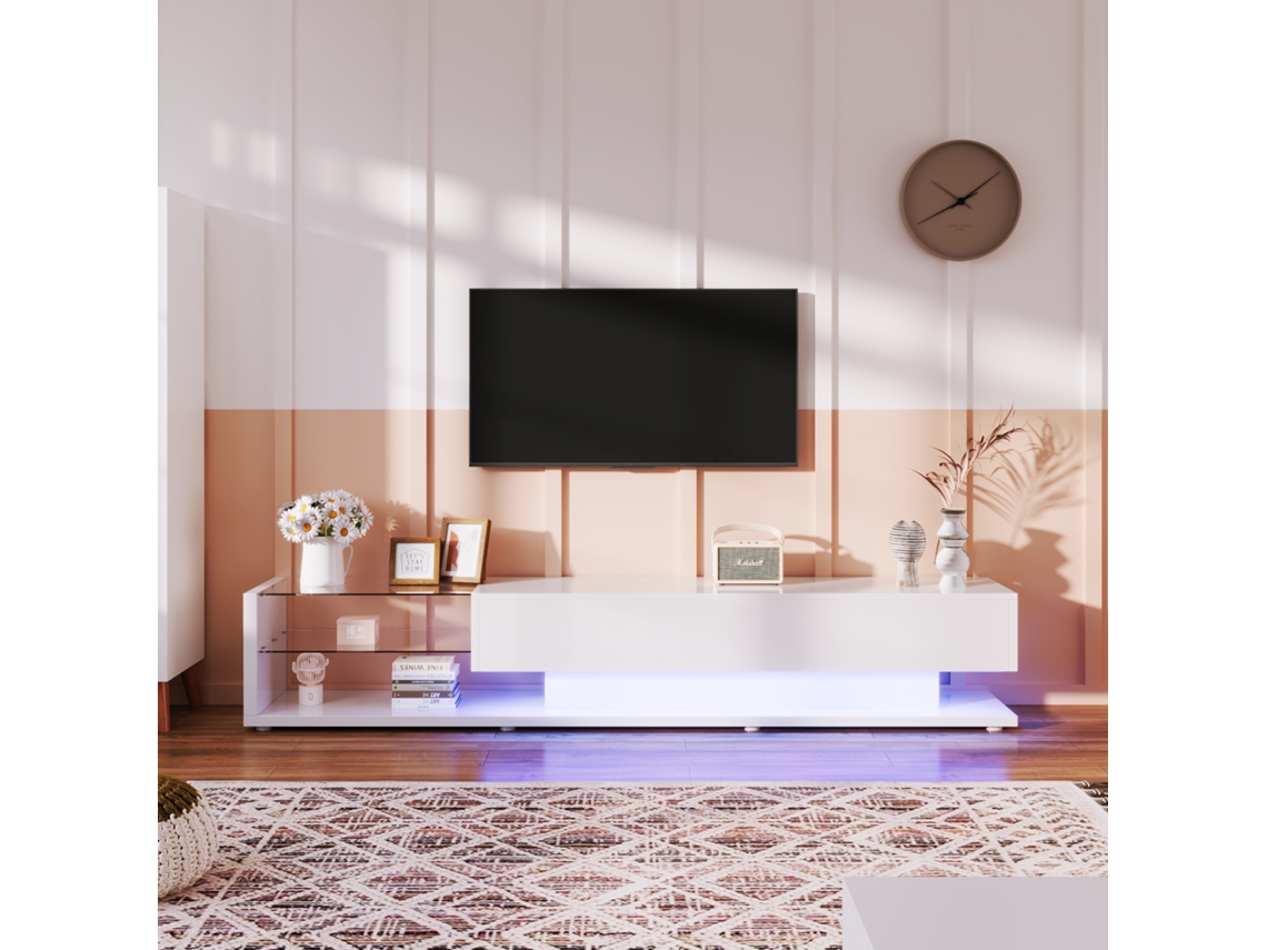 Mueble para TV moderno KOMHTOM de alto brillo, 170x38x36 cm, LED de colores, 2 cajones, 2 estantes de cristal, para pantallas grandes, blanco.
