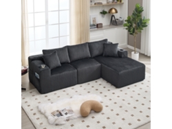 Sofá Modular Con Chaise Longue Para 2 Personas, Tejido De Pana, 5 Cojines, Bolsillos Laterales, Portavasos, Color Gris