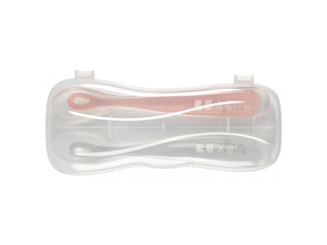 Conjunto de 2 Cucharas Primera Edad Silicona Con Caja de Transporte Color: Gris Y Rosa BÉABA