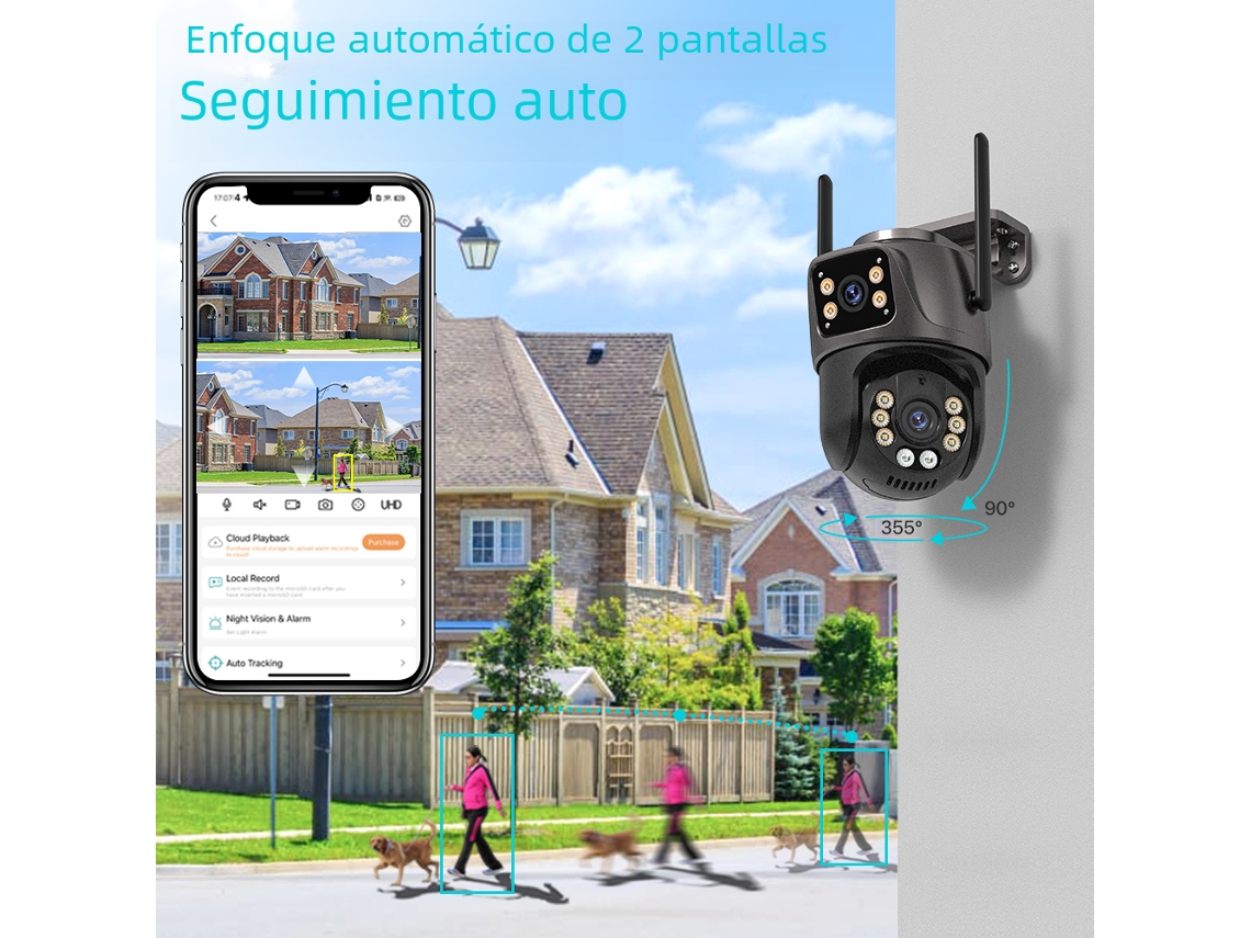Cámara PTZ Wi-Fi para exteriores Mdug 4k de 4 MP y 64 GB de memoria, equipada con lentes duales, pantallas duales y seguimiento automático