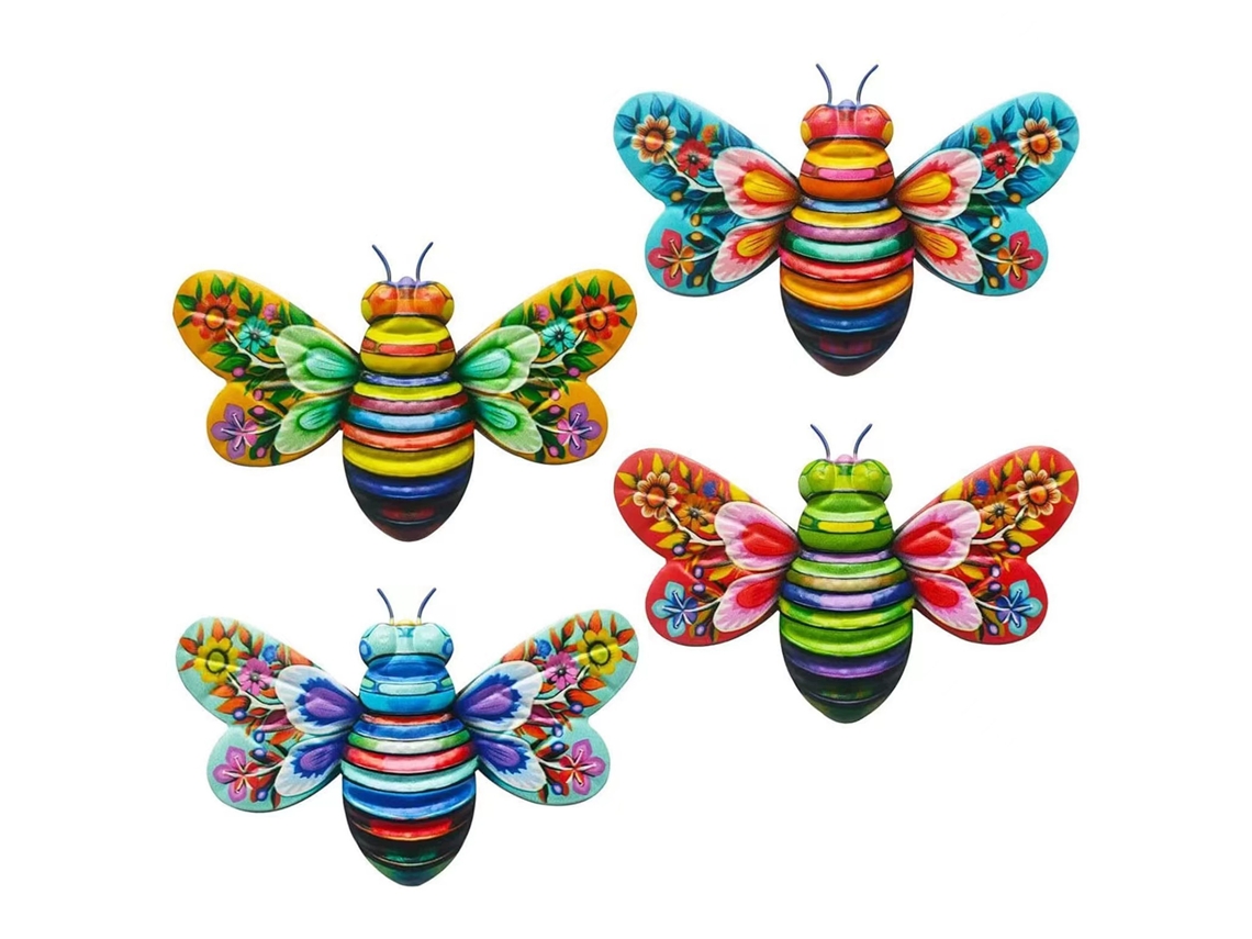 Decoración de pared metálica con forma de abeja, 4 piezas, para interiores y exteriores.