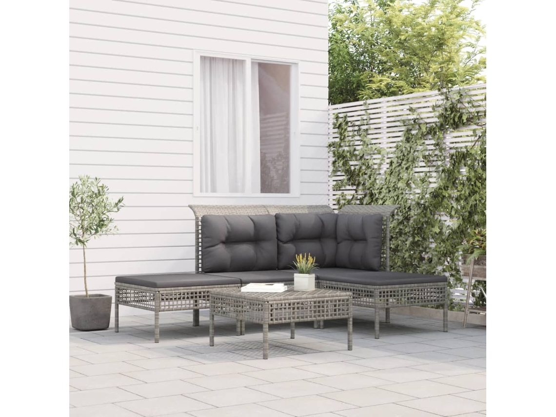 Conjunto de jardín de 5 piezas con cojines, ratán gris, DKD Home Decor