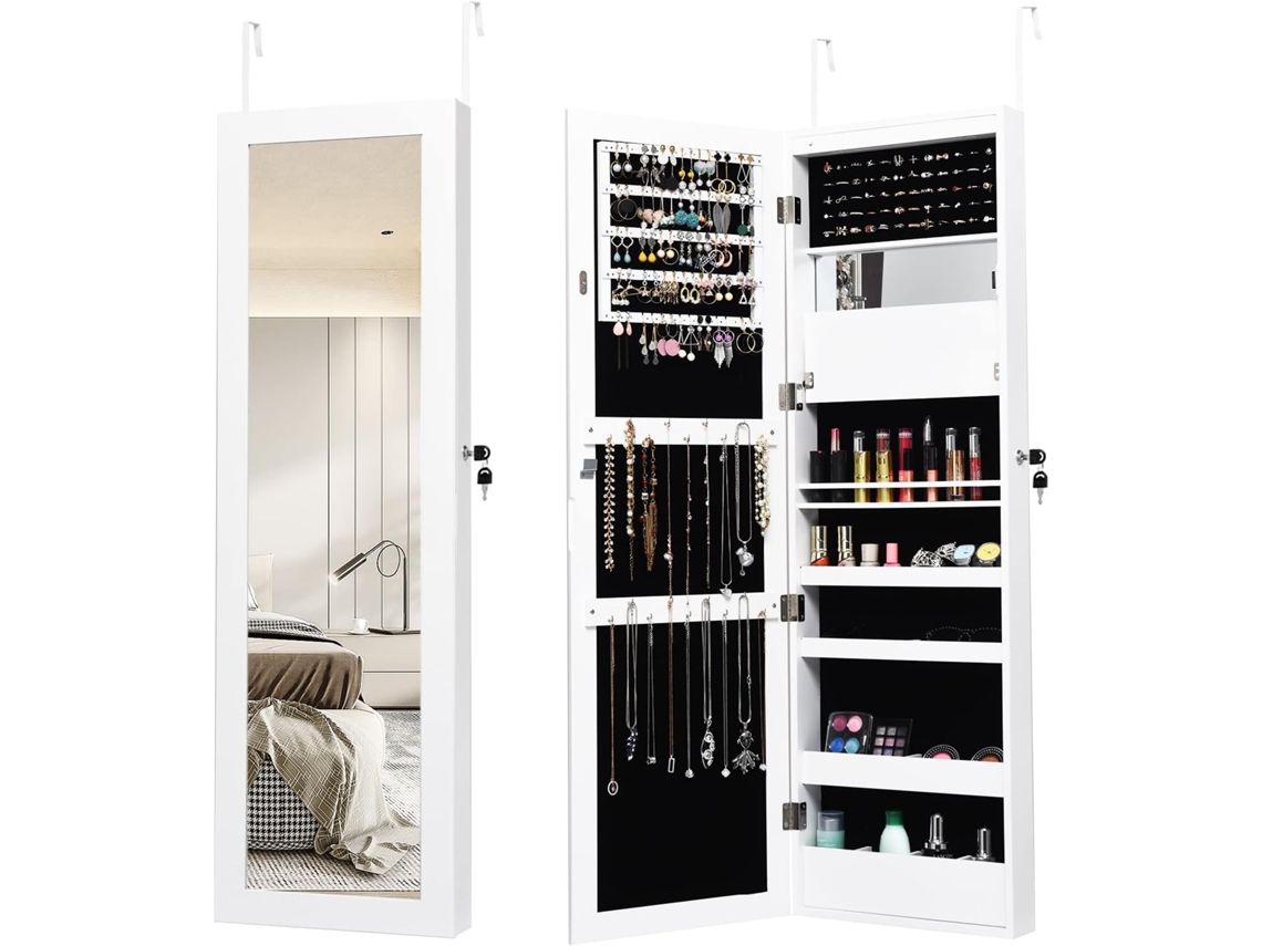 Armario para Joyas con Espejo de 12 LED, Organizador de Armario Joyero Montado en Pared o Puerta con Estantes Forrados, Ganchos (Blanco) COSTWAY