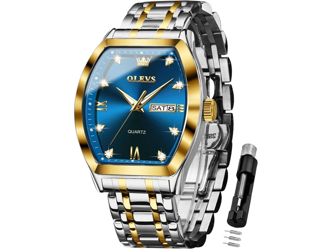 Reloj Luminoso Impermeable Con Esfera Grande De Acero Inoxidable Con Diamante Cuadrado Y Datamostrador Azulyuysan