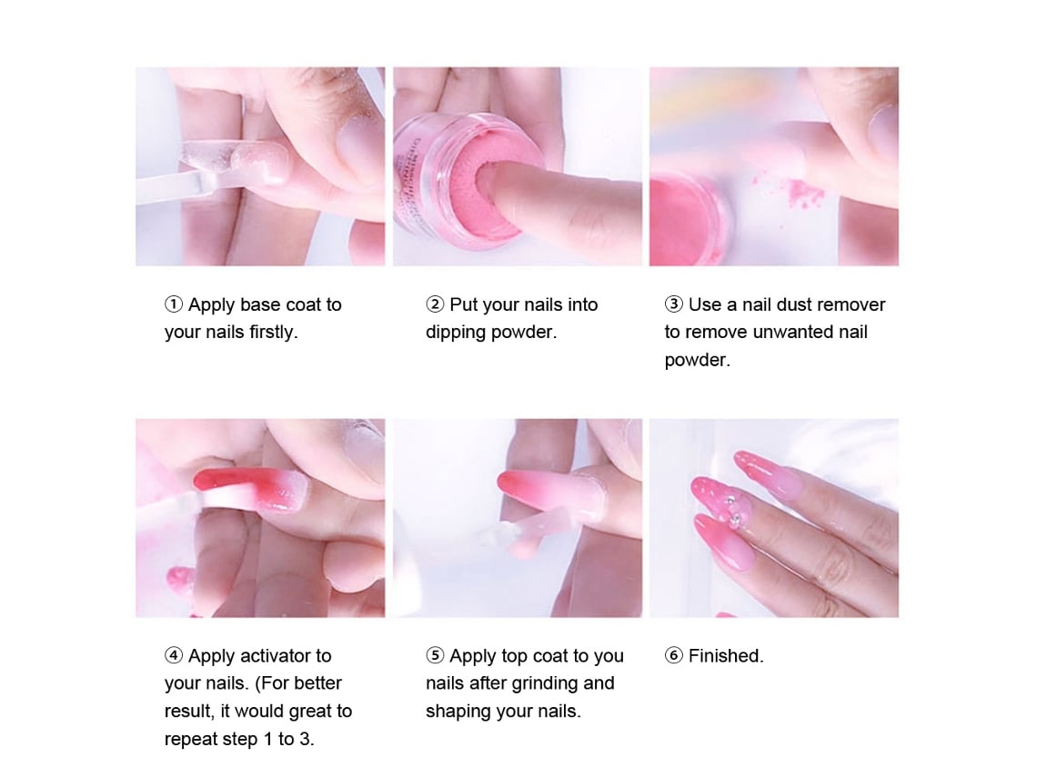 Kit de uñas líquidas en polvo 3 en 1 de Rebe Misscheering: base, capa superior, activador y herramientas.
