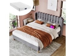 Cama Tapizada De 140x200 Cm Con Puerto Usb Tipo-c, Somier De Láminas, Tejido De Lino Gris Y Colchón.