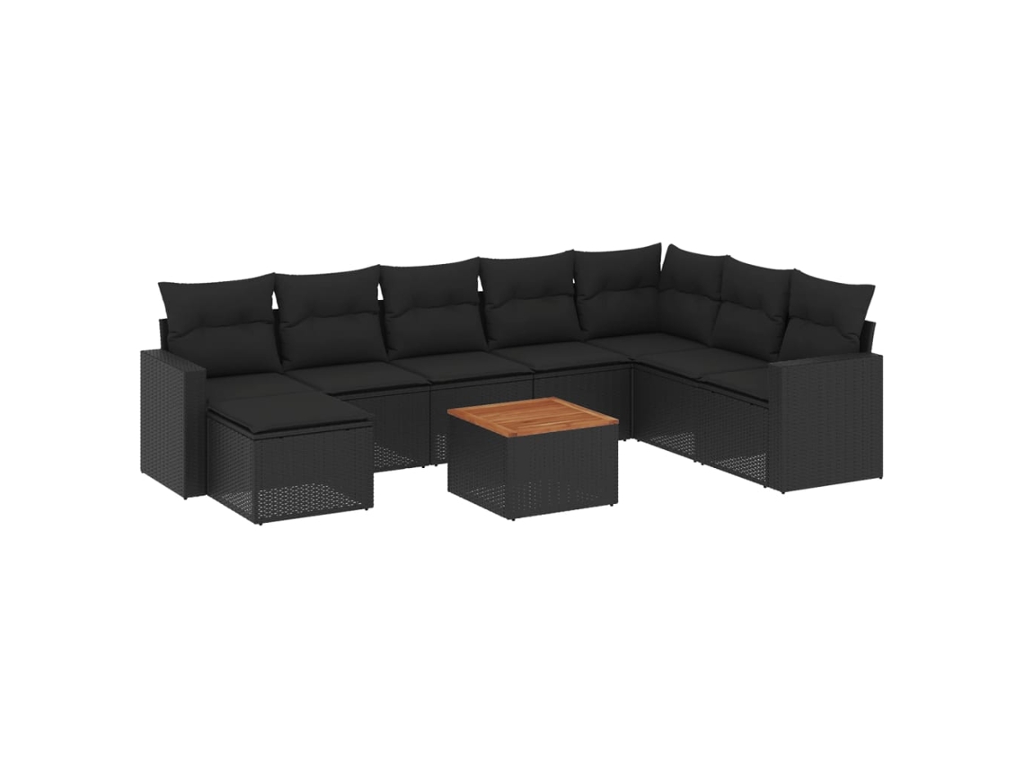 Conjunto de 9 sofás de jardín con cojines, mimbre, negro, EXCLUSIVA MAISON (N/D)