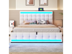 Cama Acolchada Con Baúl 180x200cm - Con Puerto Usb - Con Tira De Luz Led - Lino - Beige (sin Colchón)